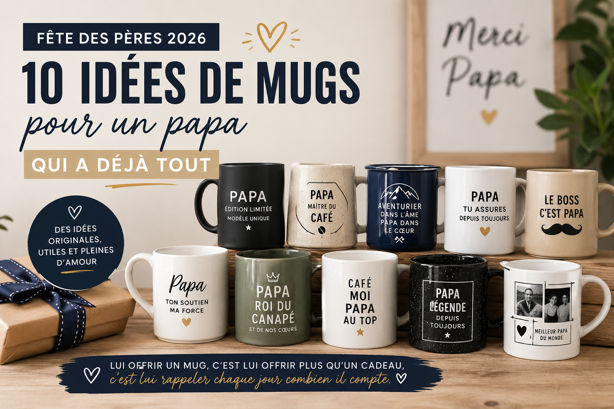 Visuel Fête des Pères 2026 : dix mugs Papa alignés, Merci Papa et paquet cadeau — pour un papa qui a déjà tout