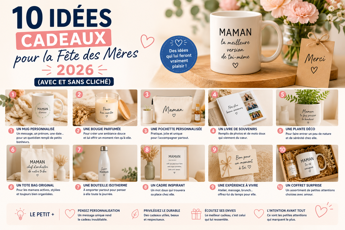 Infographie 10 idées cadeaux Fête des Mères 2026 : grille de mugs Maman, fleurs et pastilles conseils