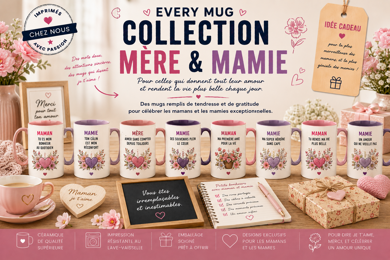 Collection mugs mère et mamie EveryMug — Maman, Super Maman, Mamie et Grand-mère en céramique