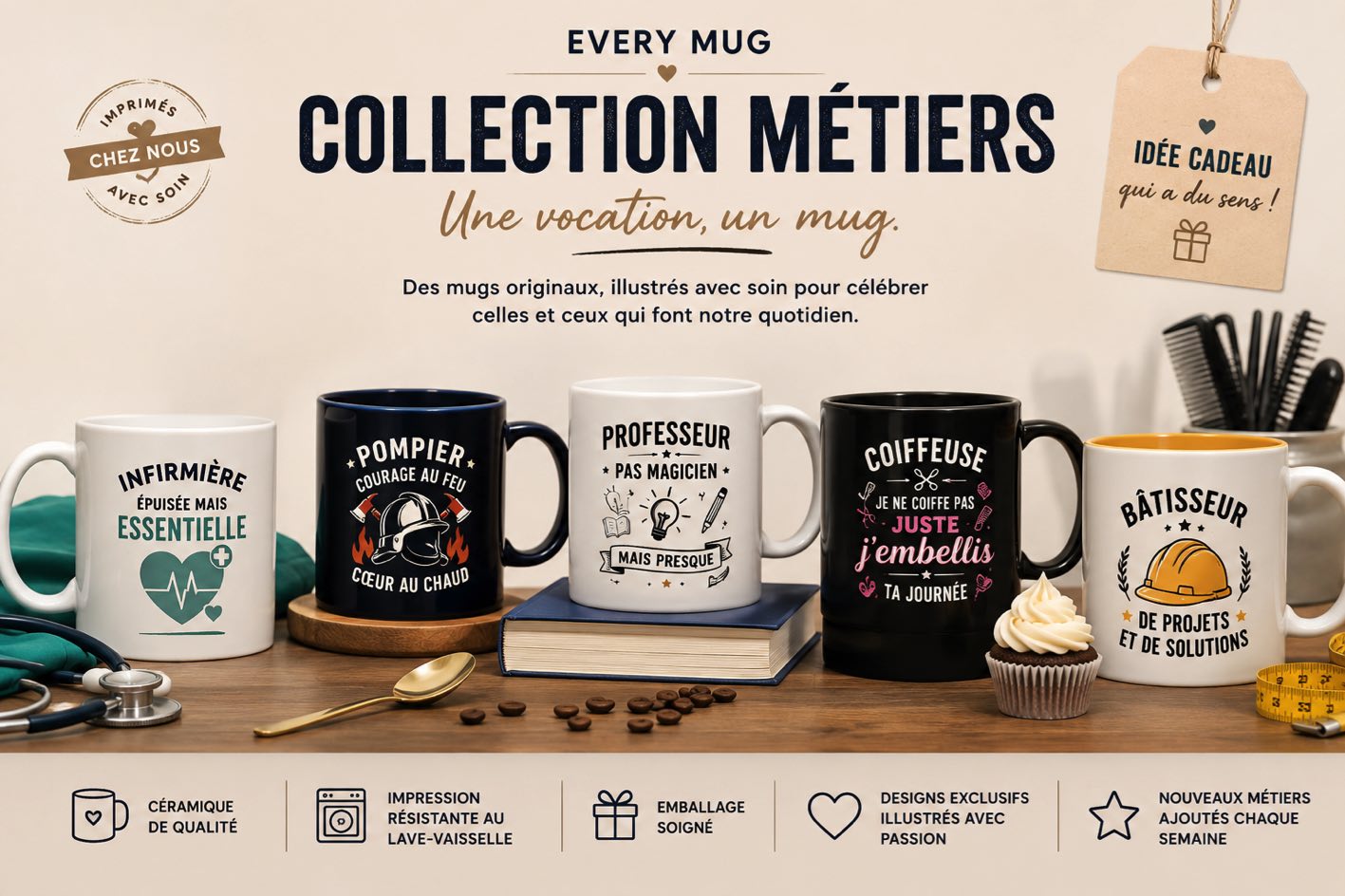 Bannière de la collection de mugs métiers Every Mug avec mugs illustrés pour infirmière, pompier, professeur, coiffeuse et bâtisseur, idée cadeau originale en céramique.