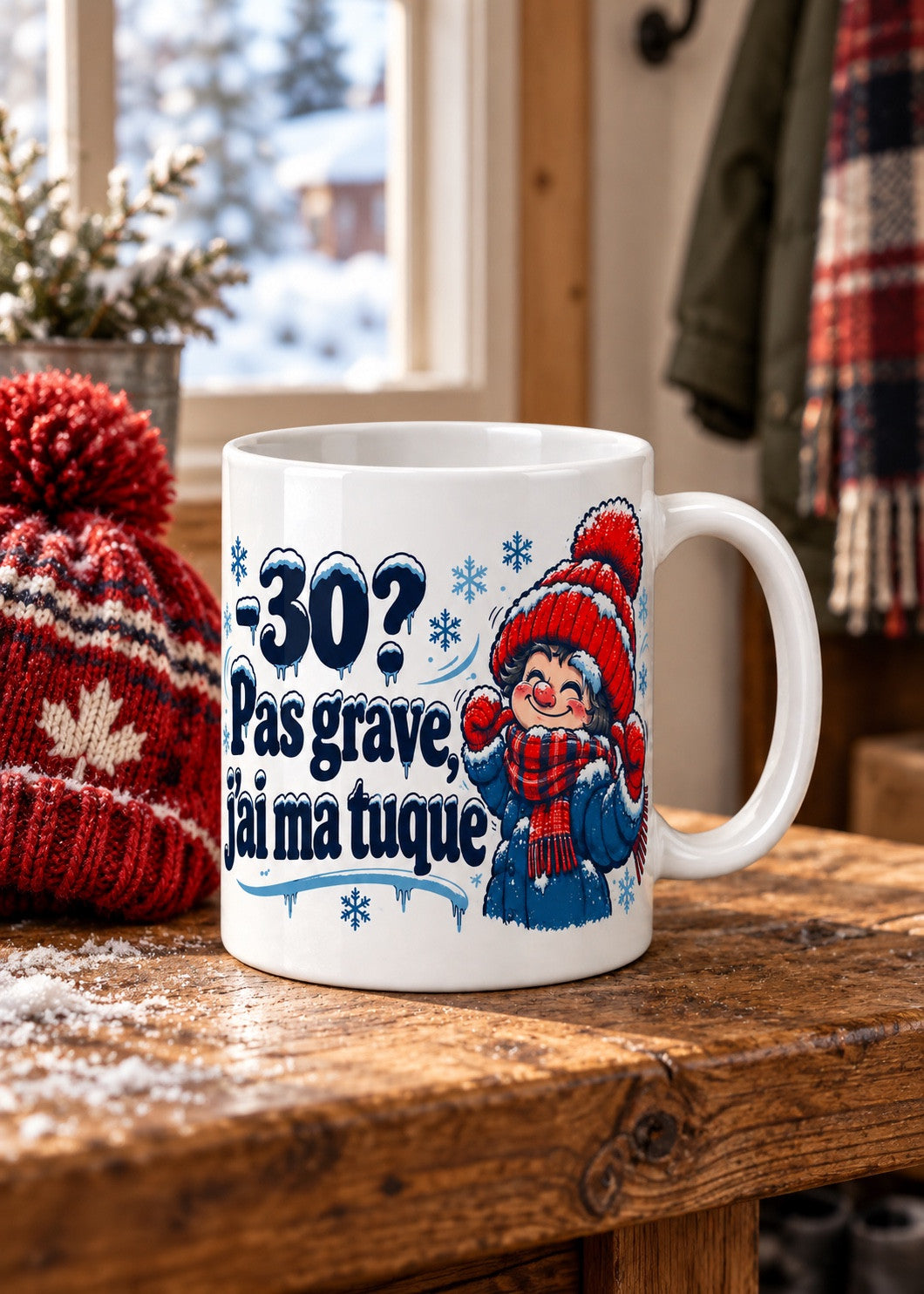 Mug « -30 ? Pas grave, j'ai ma tuque » en situation, mise en scène hivernale