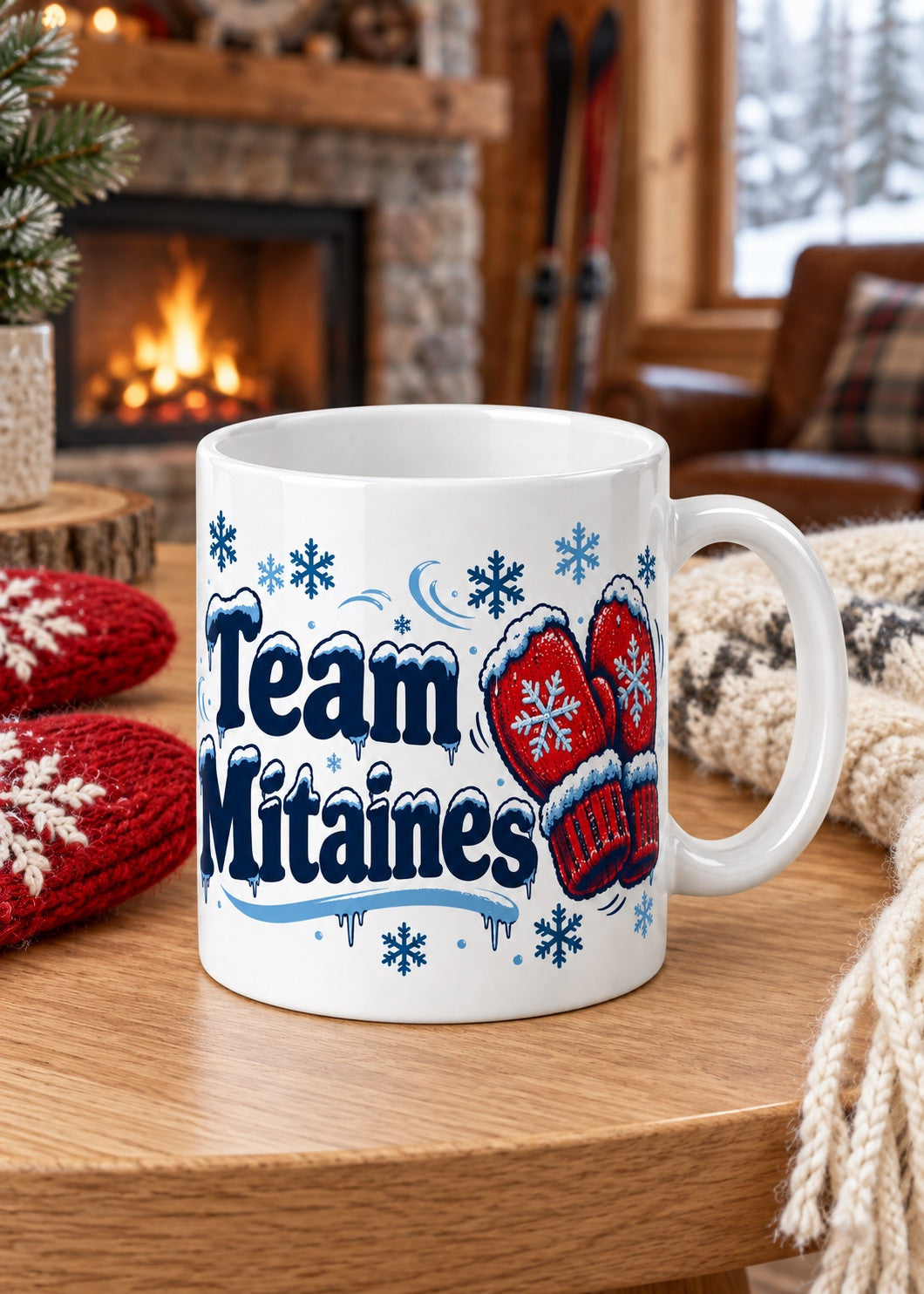 Mug « Team Mitaines » en situation, mise en scène hivernale