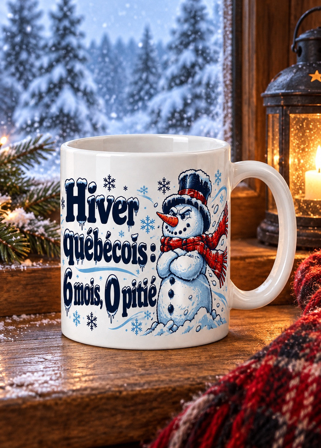 Mug « Hiver québécois : 6 mois, 0 pitié » en situation, mise en scène hivernale