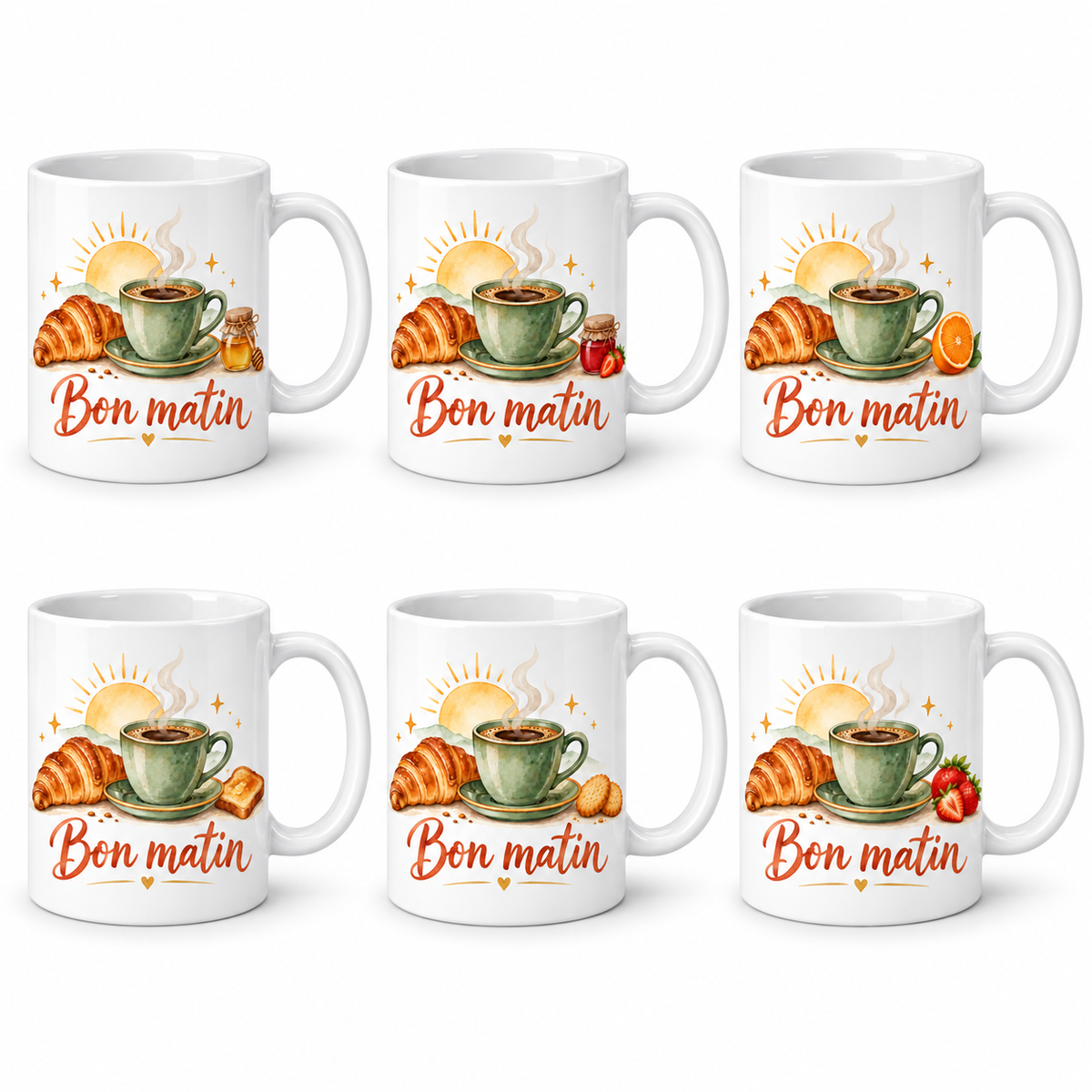 Lot de 6 mugs Bon Matin aquarelle, soleil levant, tasse de café et croissant
