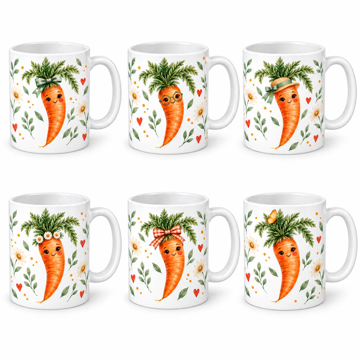Lot de 6 mugs Carottes aquarelle, carotte souriante et marguerites