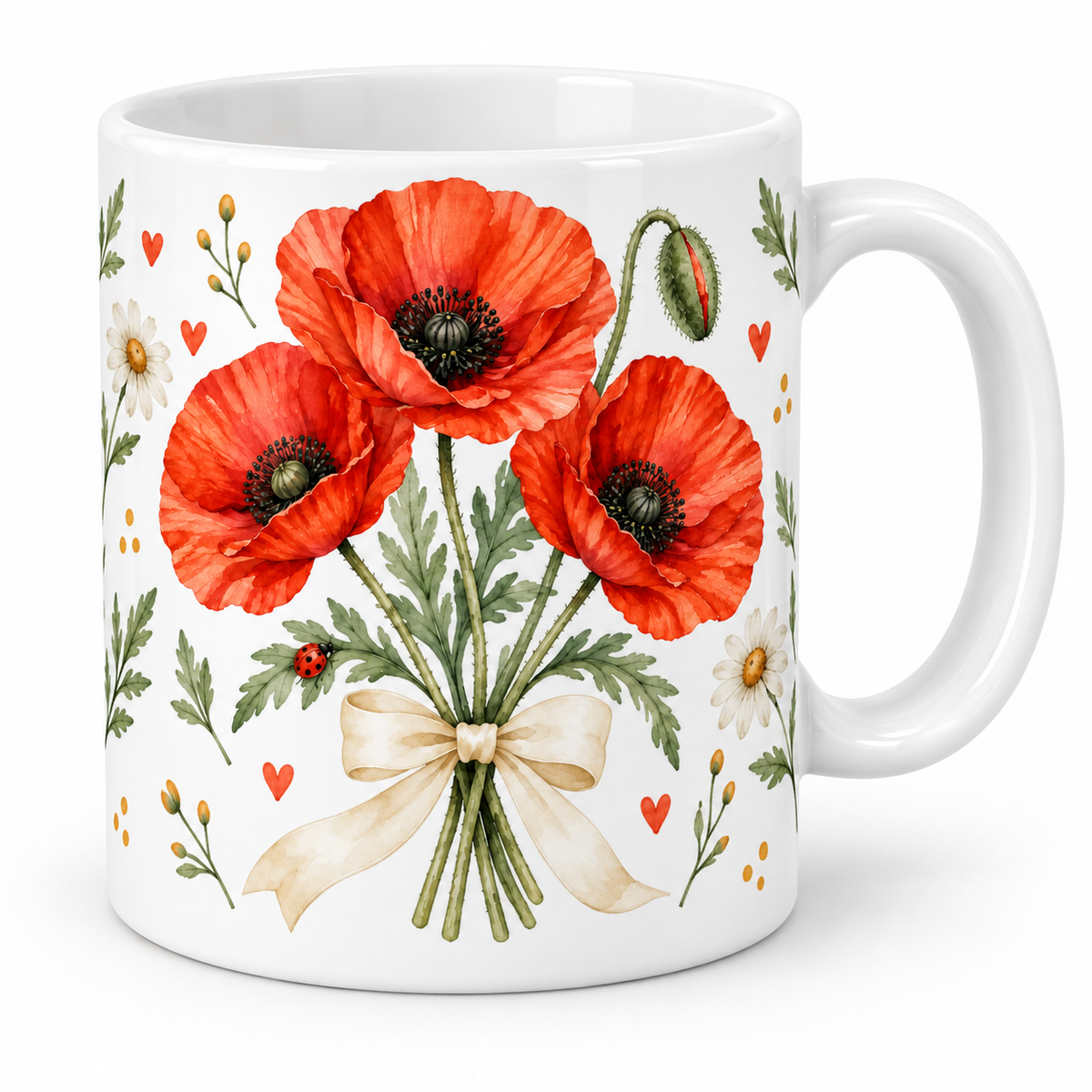 Mug Coquelicot au nœud écru et coccinelle