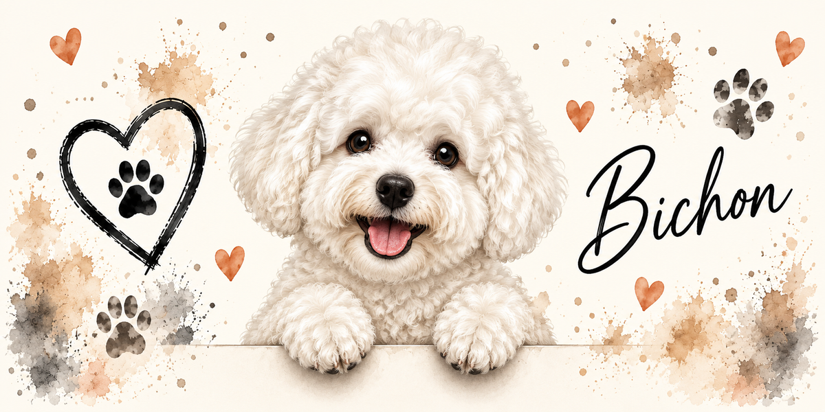Illustration aquarelle Bichon : bichon frisé blanc accoudé à une bordure sur fond crème, empreintes de pattes beiges et noires, cœur tracé au trait et éclaboussures d'aquarelle