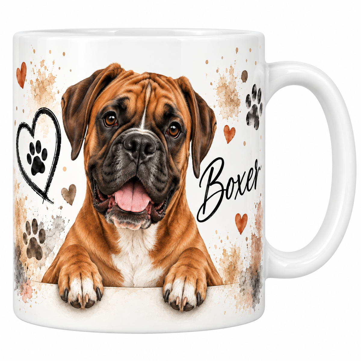 Mug blanc Boxer aquarelle : boxer fauve accoudé à une bordure, empreintes de pattes beiges et cœur au trait