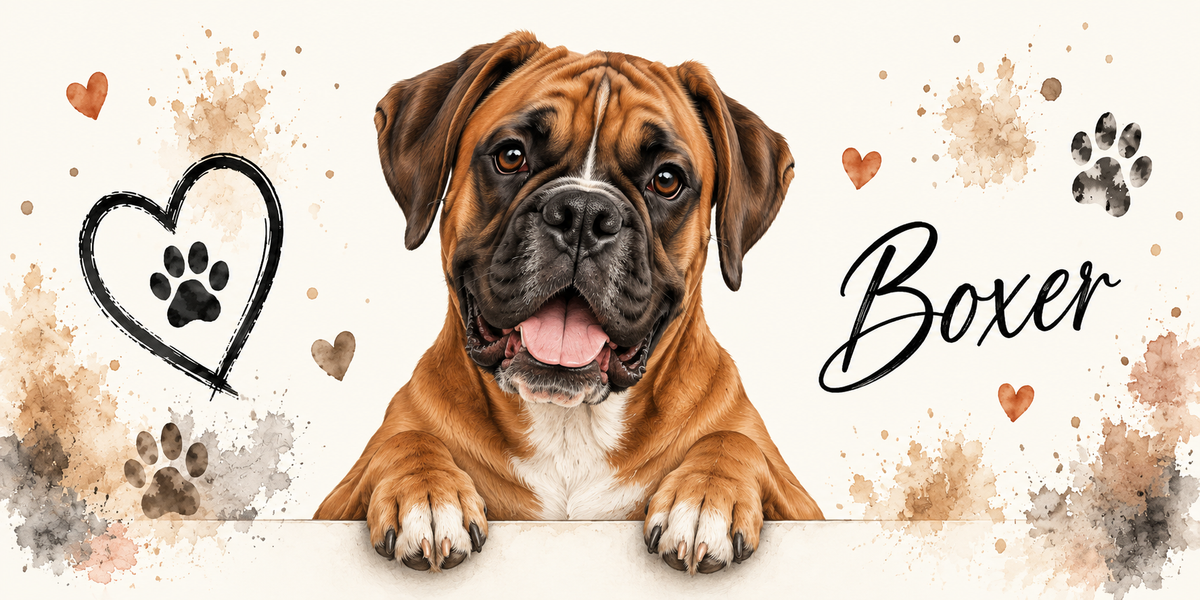 Illustration aquarelle Boxer : boxer fauve au masque noir accoudé à une bordure sur fond crème, empreintes de pattes, cœur tracé au trait et éclaboussures