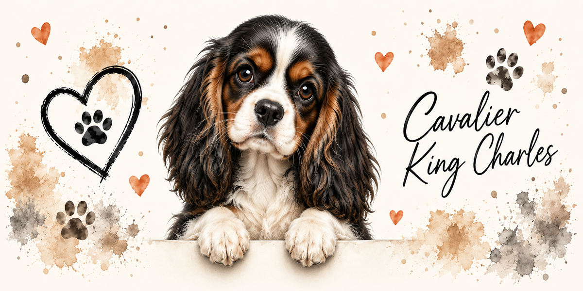 Illustration aquarelle Cavalier King Charles : chien tricolore aux longues oreilles accoudé à une bordure sur fond crème, empreintes de pattes, cœur tracé au trait et éclaboussures