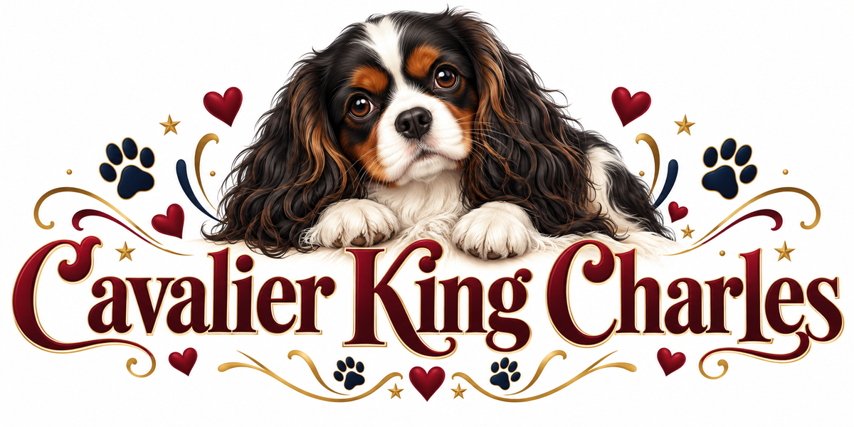 Illustration Cavalier King Charles : chien tricolore blanc, noir et feu aux longues oreilles, cœurs rouges et bleus, empreintes de pattes bleu marine et lettrage bordeaux