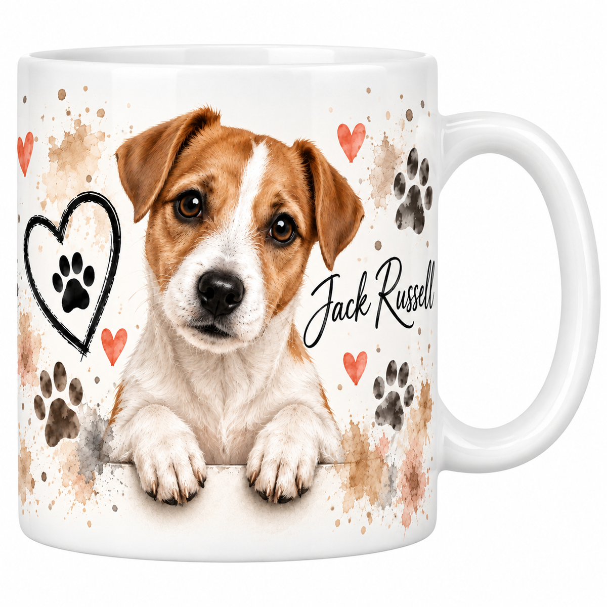Mug blanc Jack Russell aquarelle : chien blanc et fauve accoudé à une bordure, empreintes de pattes et cœur au trait
