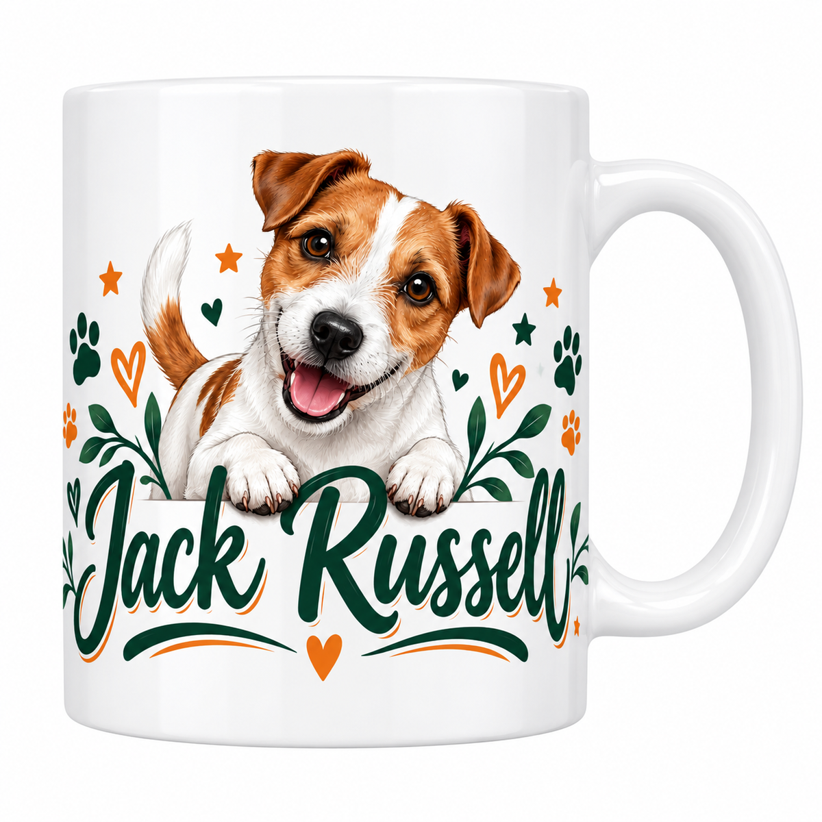 Mug blanc Jack Russell : chien blanc et fauve, cœurs verts, empreintes de pattes et lettrage vert