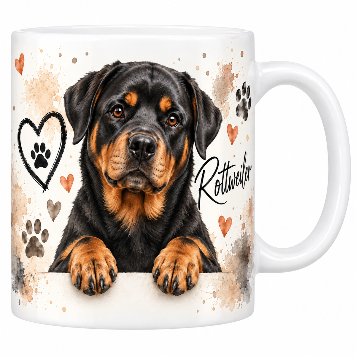 Mug blanc Rottweiler aquarelle : chien noir et feu accoudé à une bordure, empreintes de pattes et cœur au trait