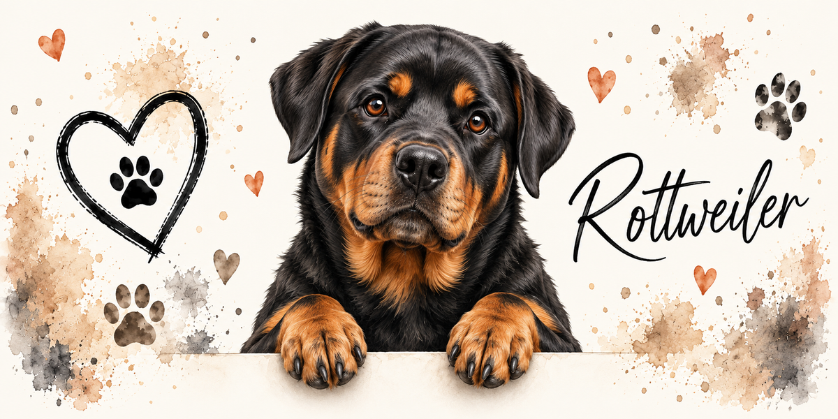 Illustration aquarelle Rottweiler : chien noir et feu accoudé à une bordure sur fond crème, empreintes de pattes beiges, cœur tracé au trait et éclaboussures