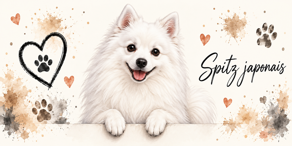 Illustration aquarelle Spitz japonais : chien blanc au poil abondant accoudé à une bordure sur fond crème, empreintes de pattes beiges, cœur tracé au trait et éclaboussures