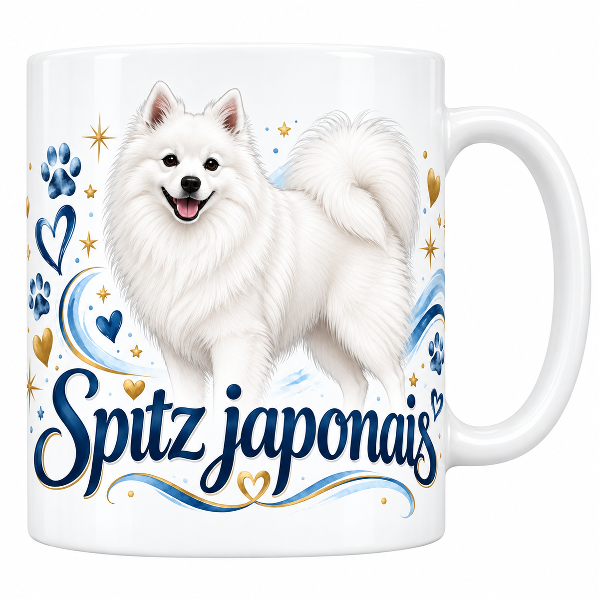 Mug blanc Spitz japonais : chien blanc au poil abondant, cœurs et empreintes bleues, lettrage bleu marine