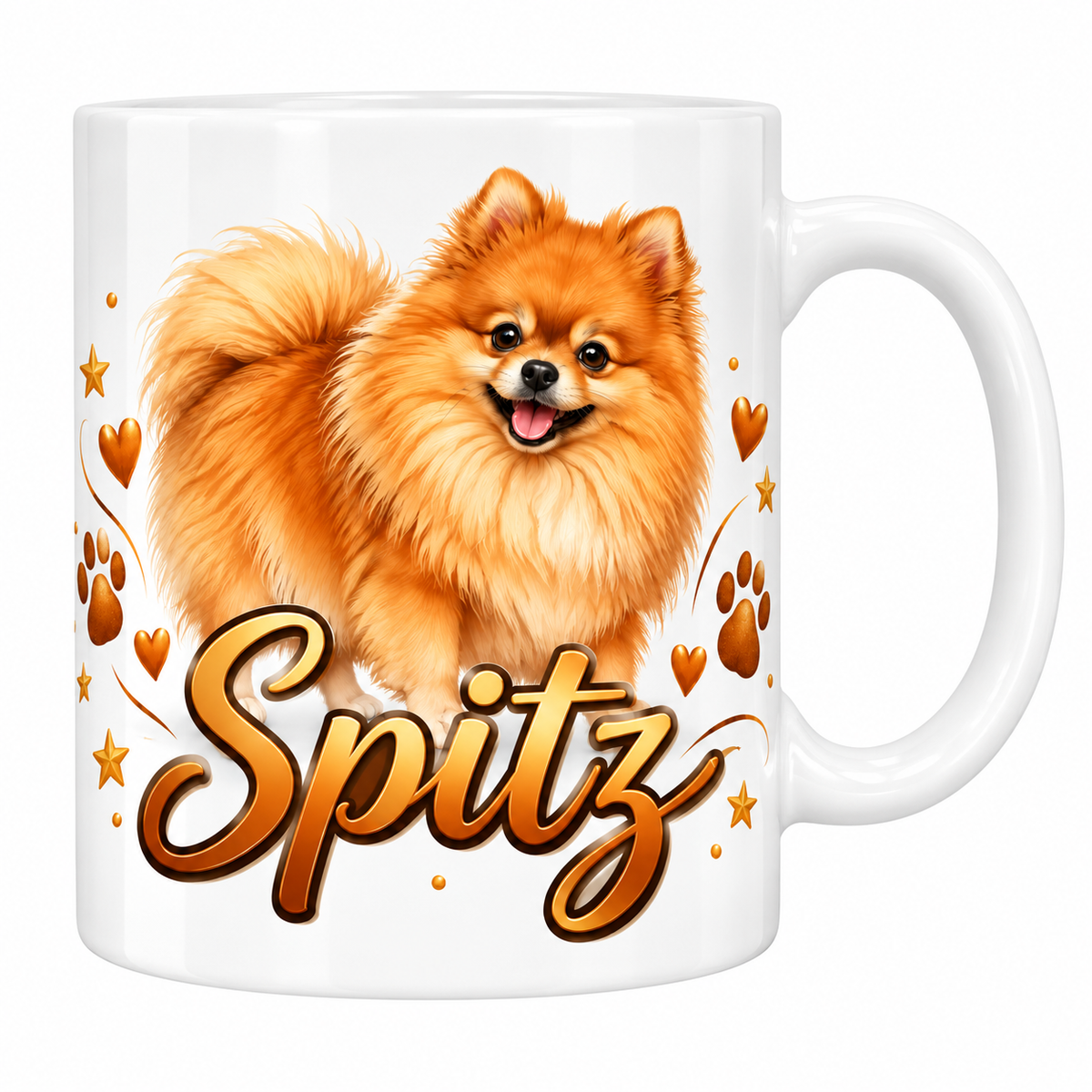 Mug blanc Spitz : spitz roux au poil abondant, cœurs et empreintes dorées, lettrage orange
