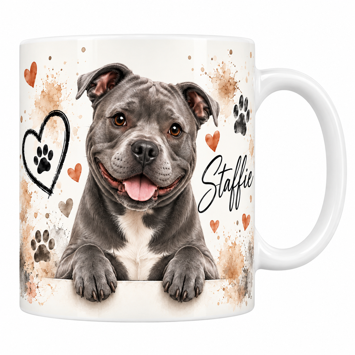 Mug blanc Staffie aquarelle : staffordshire bull terrier bleu accoudé à une bordure, empreintes de pattes et cœur au trait