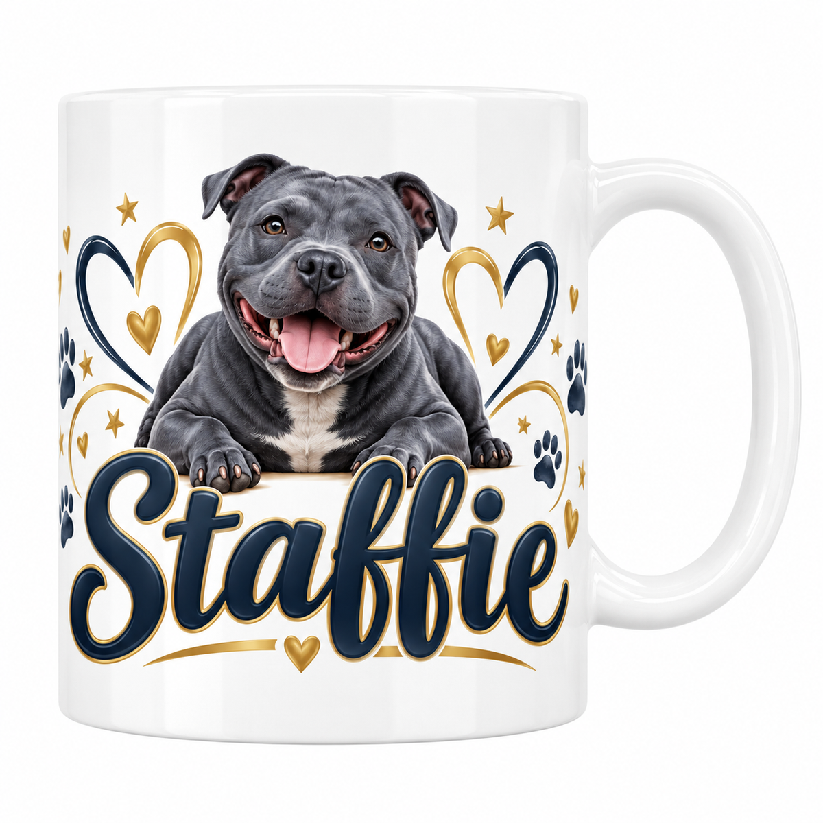 Mug blanc Staffie : staffordshire bull terrier bleu souriant, cœurs dorés, empreintes de pattes et lettrage bleu marine
