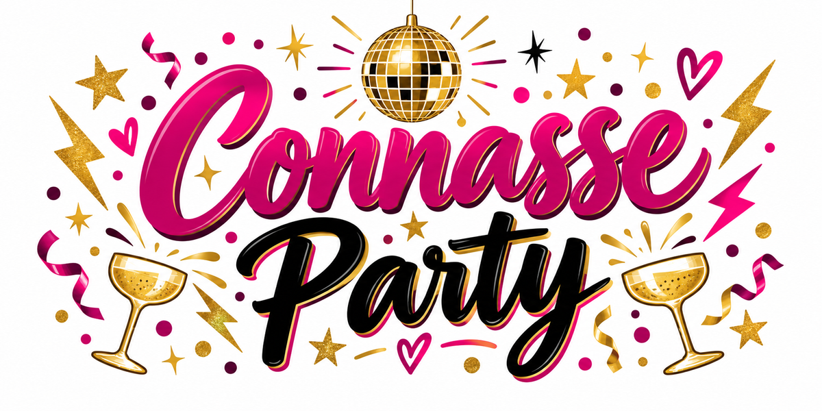 Visuel typographique rose et doré Connasse Party avec boule disco, éclairs et coupes de champagne