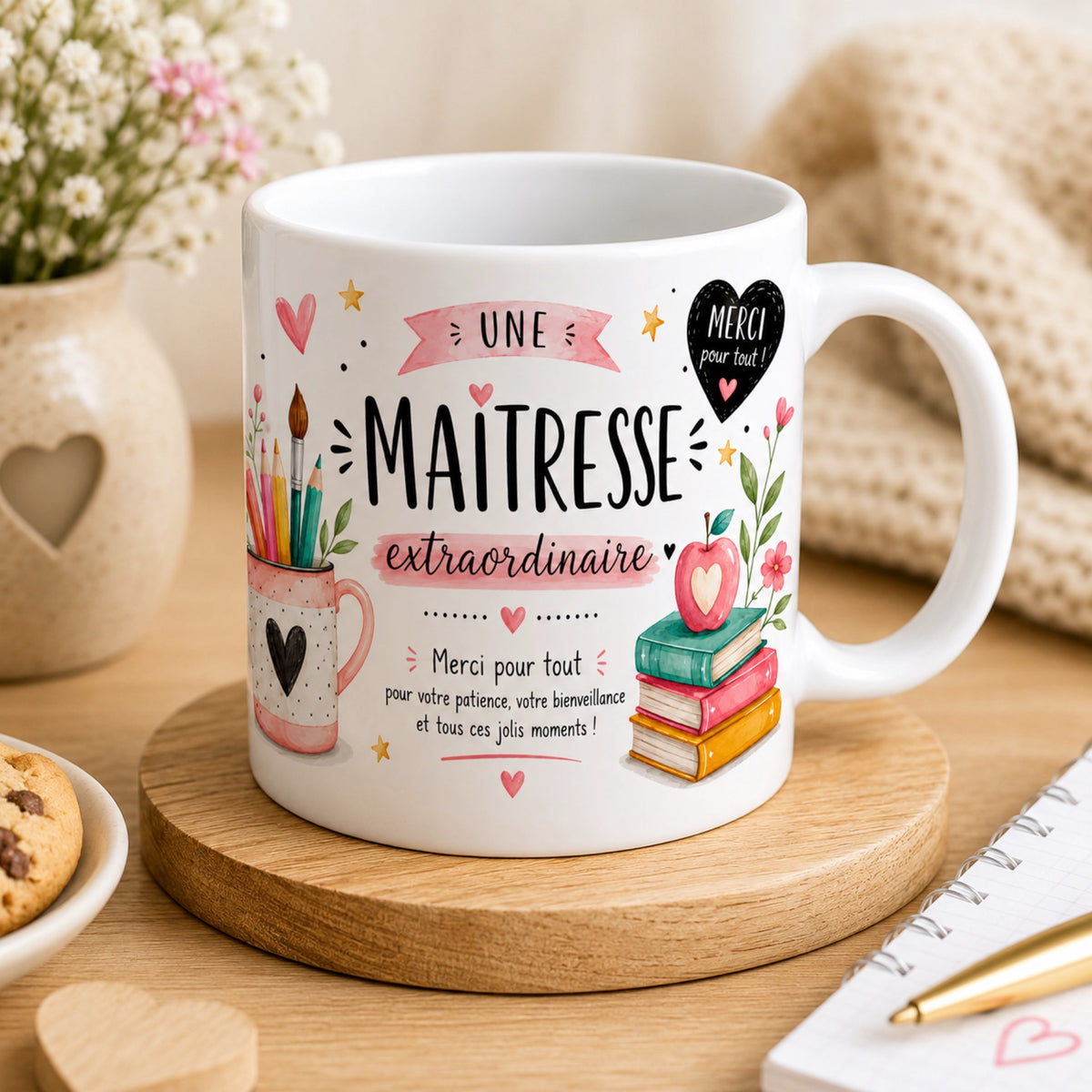 Mug Une maîtresse extraordinaire posé sur une planche en bois, crayons, pomme et livres aquarelle