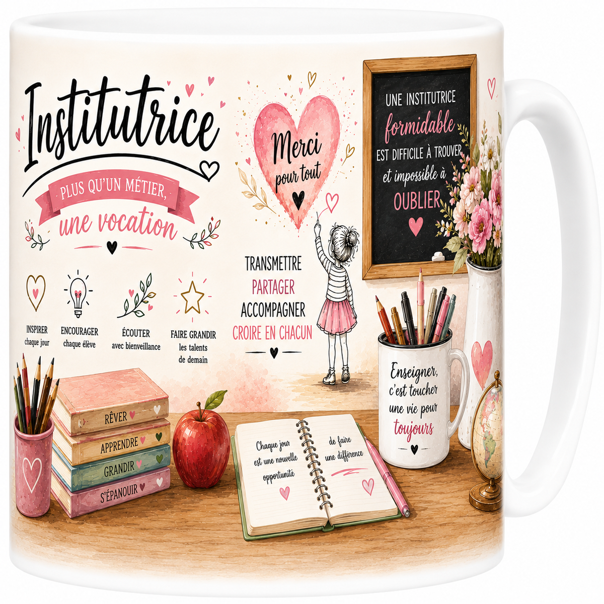 Mug institutrice 330 ml rose, Enseigner c'est toucher une vie pour toujours et bouquet