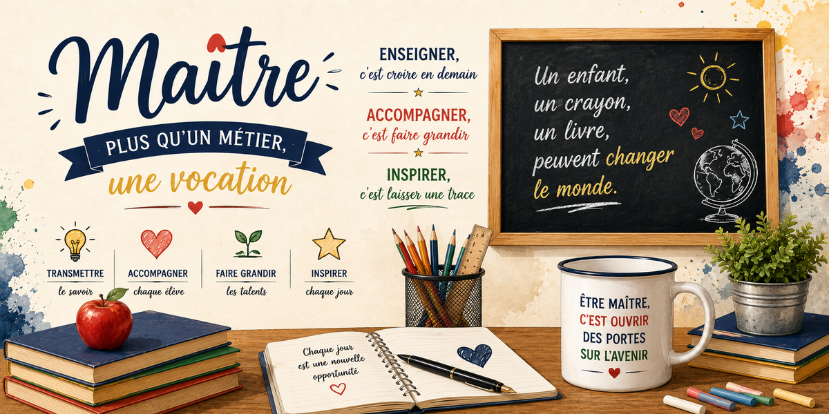 Visuel maître : tableau Un enfant un crayon un livre peuvent changer le monde, globe, cahier et craies