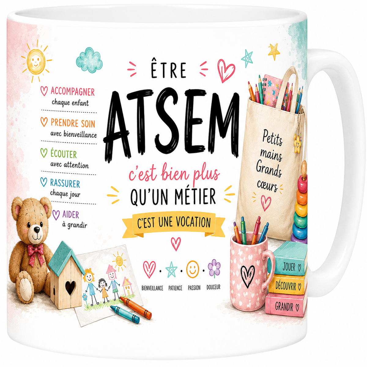 Mug ATSEM 330 ml rose pastel, ourson, dessin d'enfant et livres Jouer Découvrir Grandir