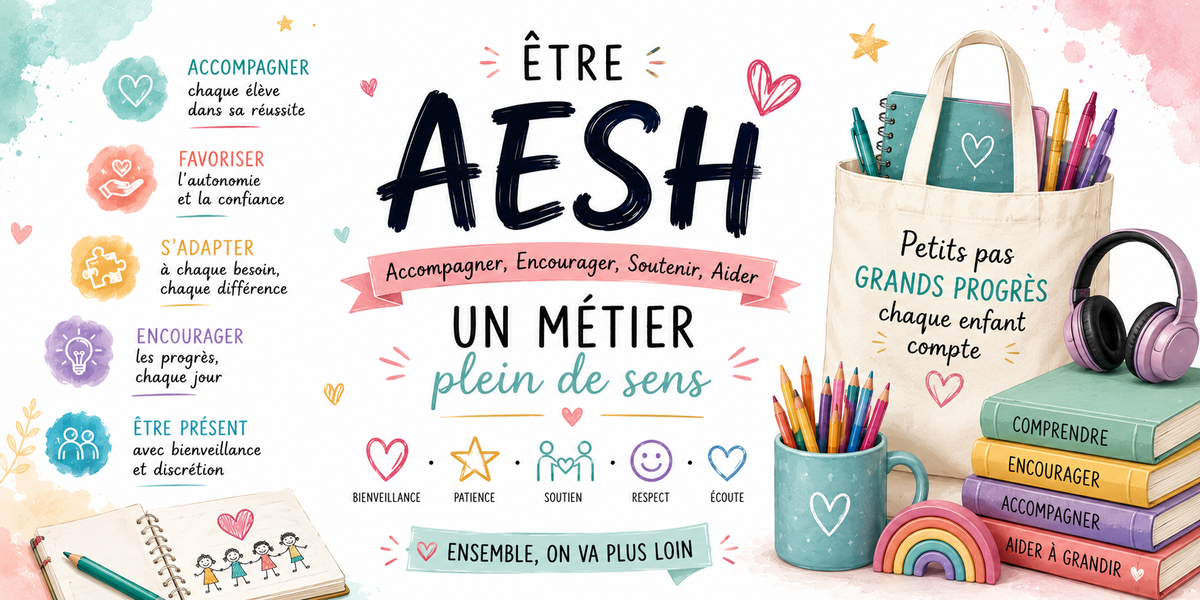 Visuel AESH pastel : tote bag Petits pas Grands progrès, casque, arc-en-ciel et Ensemble on va plus loin