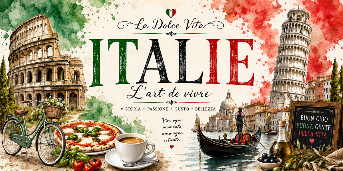 Design imprimé du mug Italie : Colisée, tour de Pise, pizza et pâtes, tasse de café, gondole et vélo