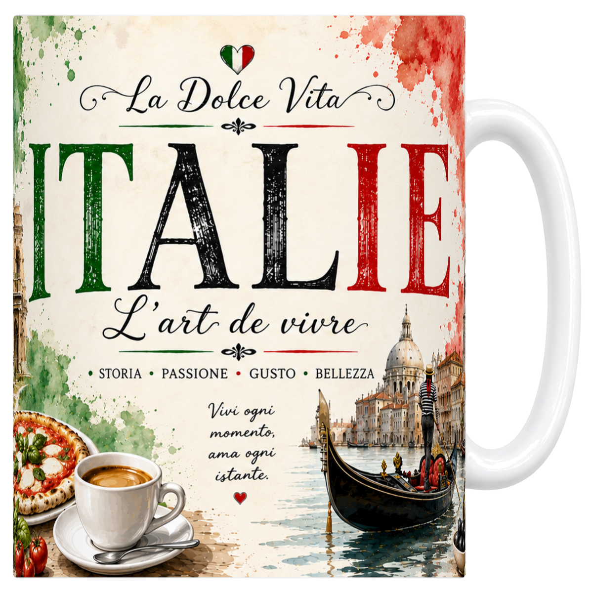 Mug céramique blanc 330 ml, illustration aquarelle de l'Italie : Colisée, pizza et art de vivre