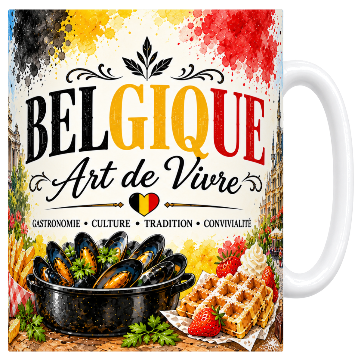 Mug céramique blanc 330 ml, illustration aquarelle de la Belgique : Grand-Place de Bruxelles, frites, moules et bière