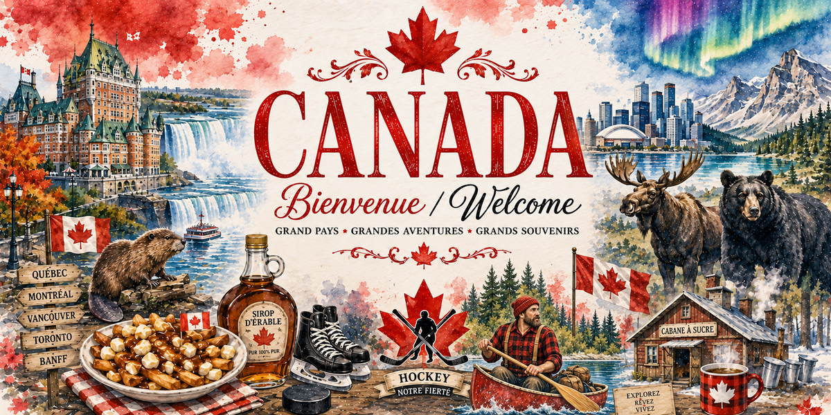 Design imprimé du mug Canada : feuille d'érable, canoë sur le lac, forêt de conifères, orignal, castor et cabane à sucre