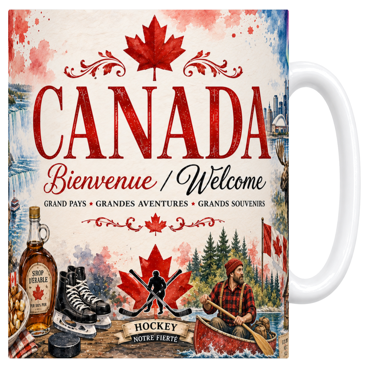 Mug céramique blanc 330 ml, illustration aquarelle du Canada : feuille d'érable, forêt et lac