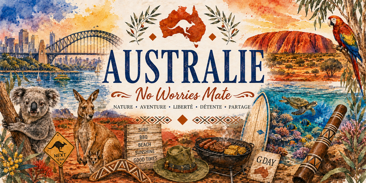 Design imprimé du mug Australie : Harbour Bridge et gratte-ciel du port, kangourou, koala, boomerang à motifs géométriques et ocre de l'outback