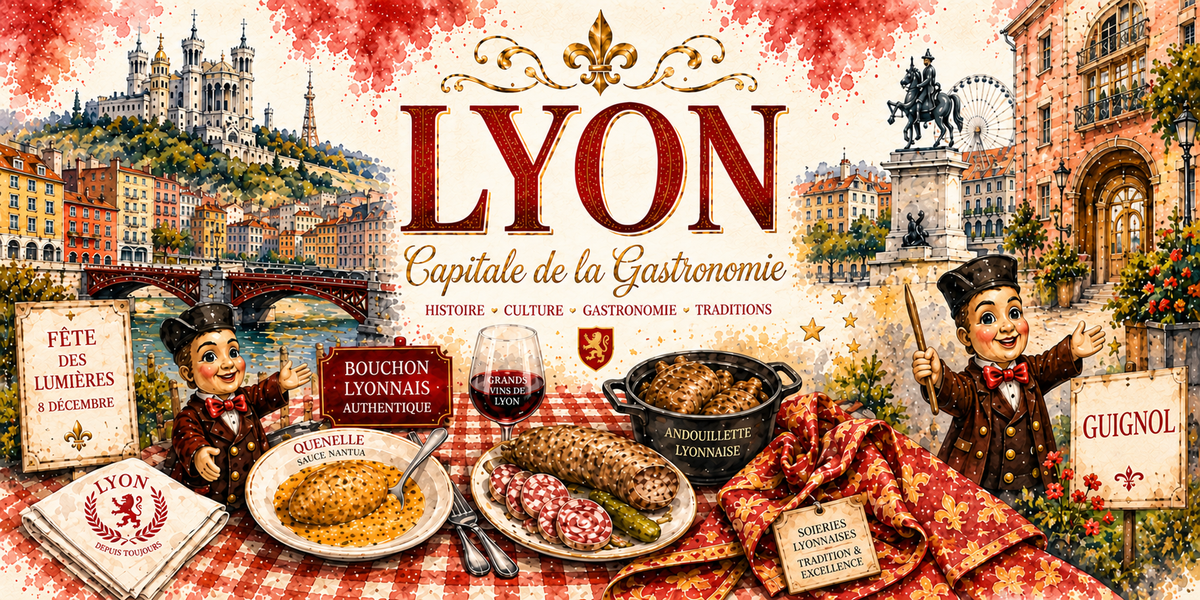 Design imprimé du mug Lyon : basilique de Fourvière, quais de Saône, traboules, marionnette Guignol, quenelle et verre de beaujolais