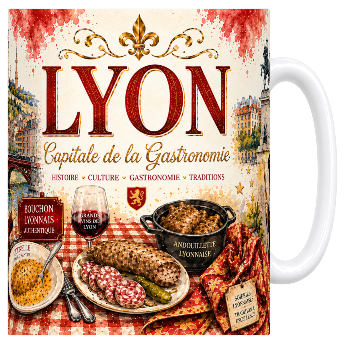 Mug céramique blanc 330 ml, illustration aquarelle de Lyon : Fourvière, Saône et bouchon lyonnais
