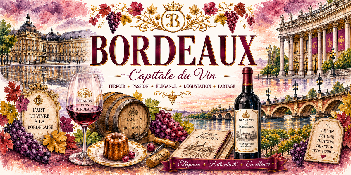 Design imprimé du mug Bordeaux : place de la Bourse et miroir d'eau, pont sur la Garonne, verre de vin rouge et rangs de vigne