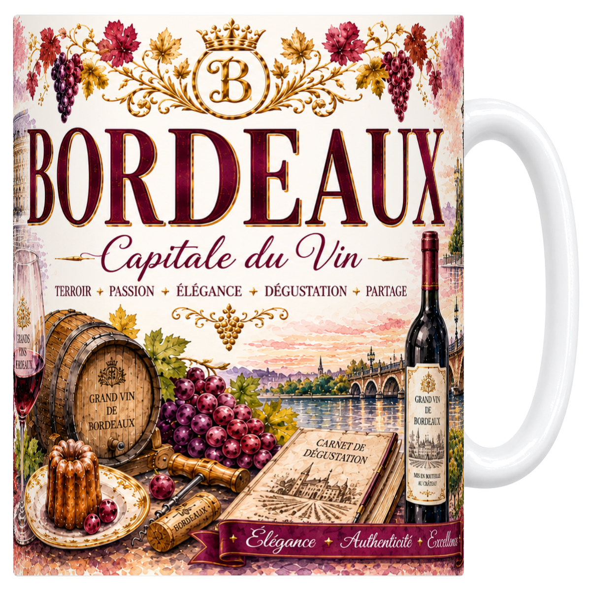 Mug céramique blanc 330 ml, illustration aquarelle de Bordeaux : place de la Bourse, pont de pierre et vignoble