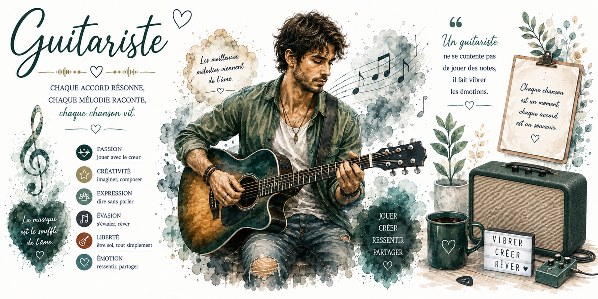 Affiche Guitariste : le titre en lettres cursives, les mots-cles passion, creativite, expression, evasion, liberte et emotion, un guitariste assis jouant d'une folk, des notes de musique, un ampli vintage, un mug et une boite lumineuse VIBRER, CREER, REVER