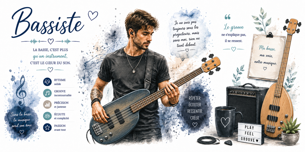 Affiche bassiste : le titre en calligraphie bleue et la mention « La basse, c'est plus qu'un instrument, c'est le cœur du son », un bassiste en tee-shirt gris jouant une basse sans marque, deux citations manuscrites, un amplificateur neutre, une seconde basse posée, un mug, une boîte à lettres lumineuse « Play Feel Groove » et les mots Rythme, Groove, Précision, Écoute, Passion