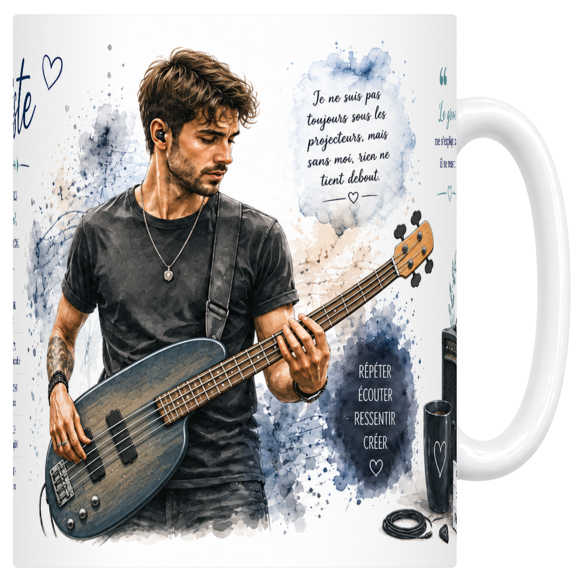 Mug blanc en céramique 330 ml, affiche « Bassiste »