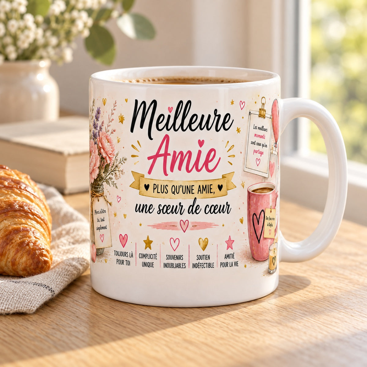 Mug Meilleure Amie posé sur une table en bois avec un croissant, pause café