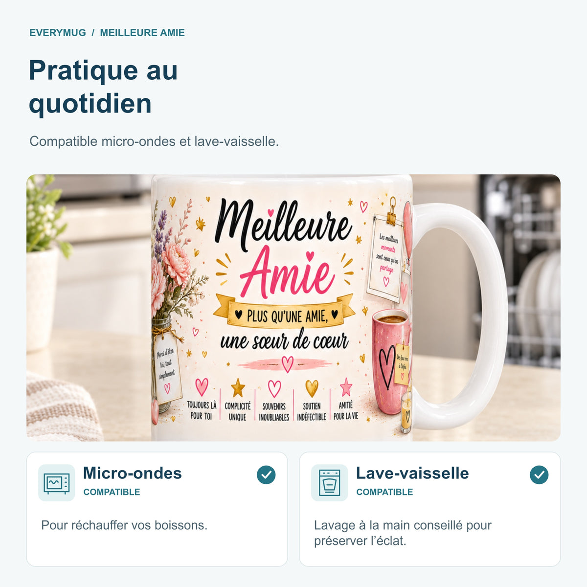 Mug Meilleure Amie compatible micro-ondes et lave-vaisselle, dans une cuisine