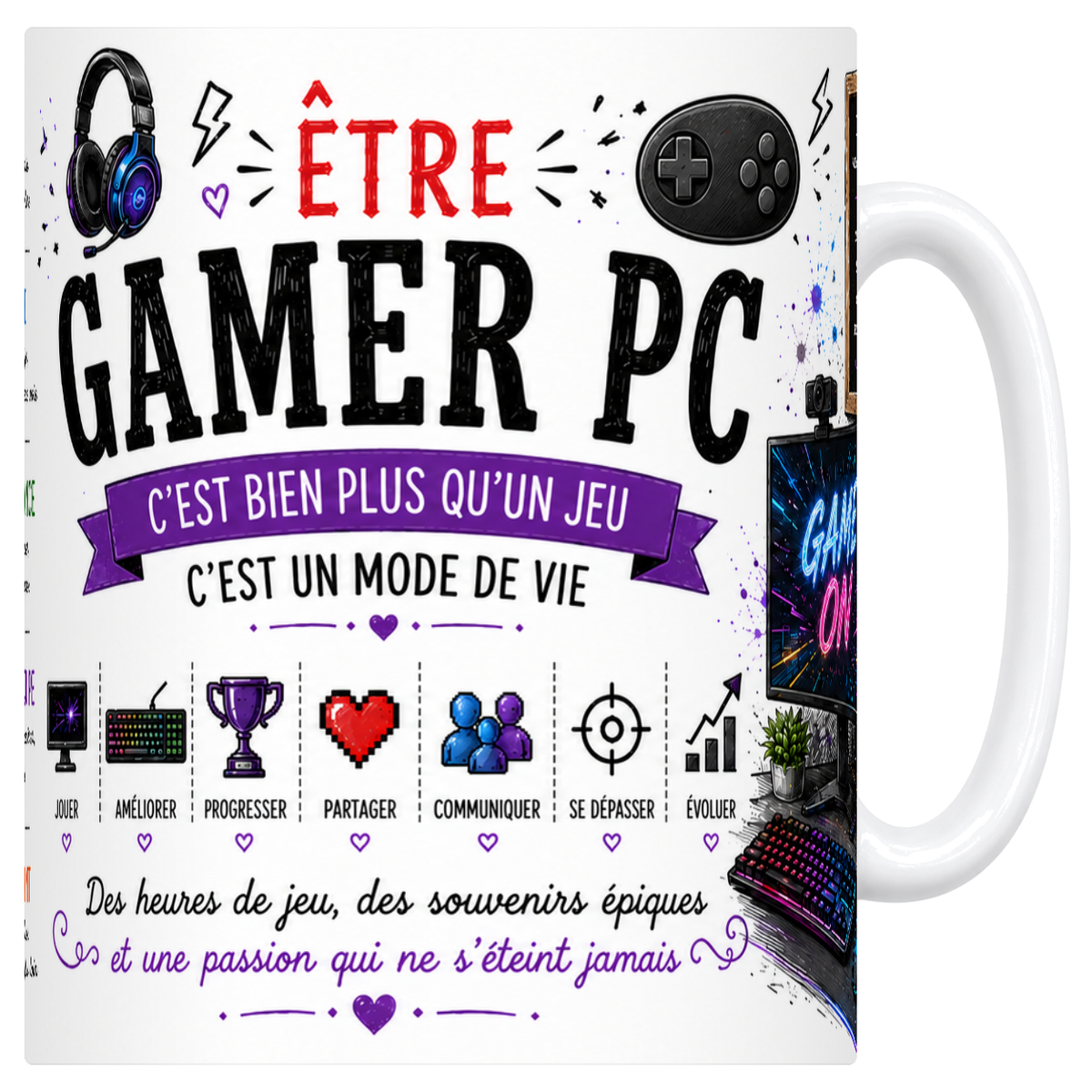 Mug blanc en ceramique 330 ml illustre sur le theme du gamer PC