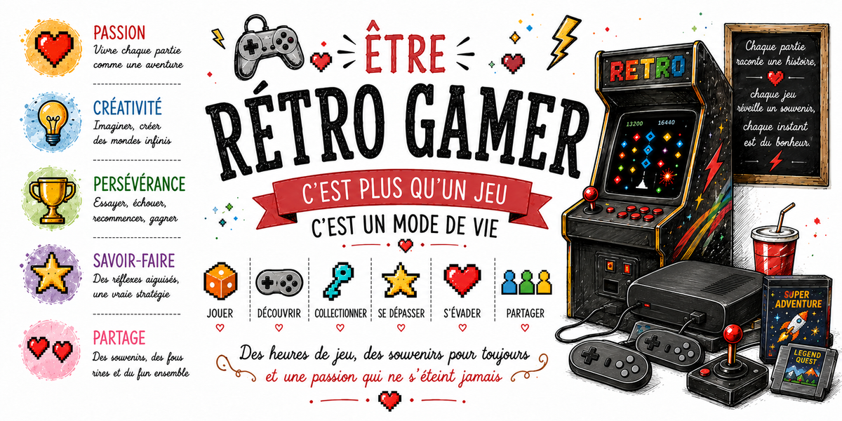 Affiche ETRE RETRO GAMER : le sous-titre c'est plus qu'un jeu, c'est un mode de vie, une colonne passion, creativite, perseverance, savoir-faire et partage, les icones jouer, decouvrir, collectionner, se depasser, s'evader et partager, une borne d'arcade RETRO, une console et des manettes sans marque, un joystick et des cartouches fictives