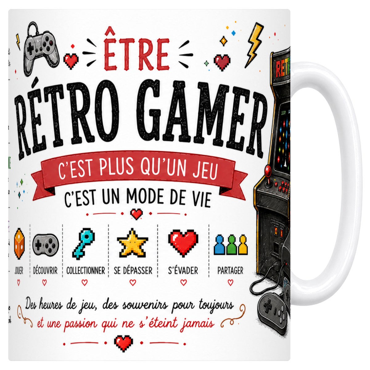 Mug blanc en ceramique 330 ml illustre sur le theme du retro gaming