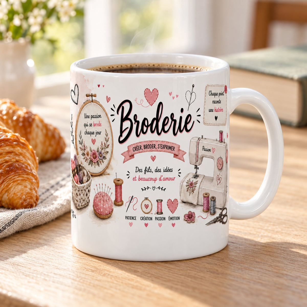 Mug Broderie « Art du Point Délicat » posé sur une table en bois avec un croissant, pause café