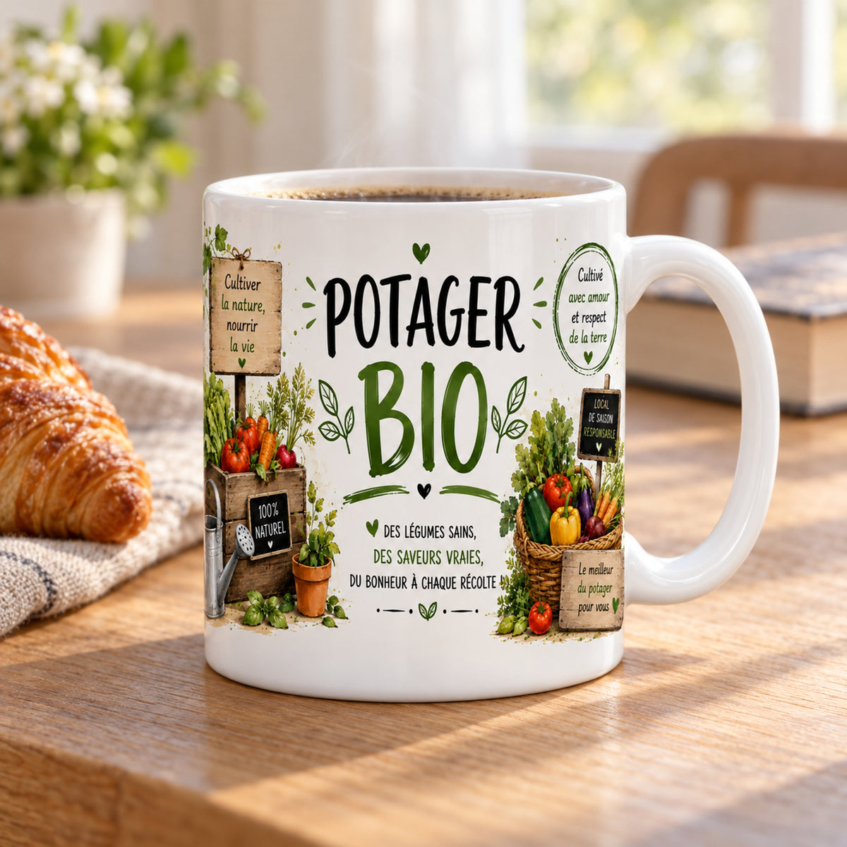 Mug Potager Bio « Cultiver ses Légumes » posé sur une table en bois avec un croissant, pause café